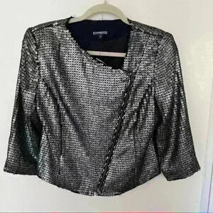 NWT Express Sz S Womens Silver Black Sequin Moto Jacket 3/4 Sleeve Holiday